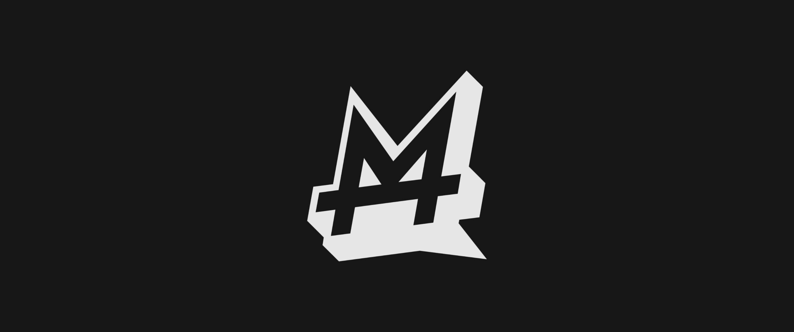 Abstract white geometric logo featuring an angular M with a bold hashtag across it on a black background
