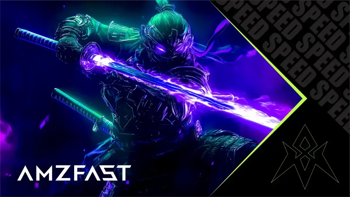 Neon-lit ninja wielding two glowing swords in blue and purple, with the AMZFAST logo visible on the left.